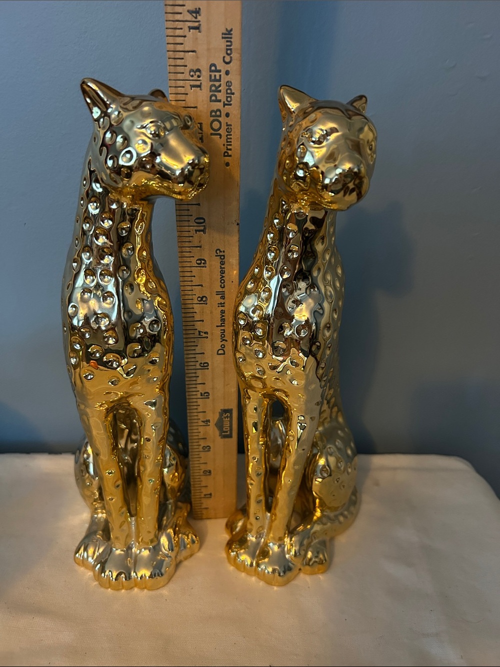 Pair of Gold 13” TALL Painted Resin/ ceramic Leopard Cougar Cheatas Sculptures - Picture 4 of 4